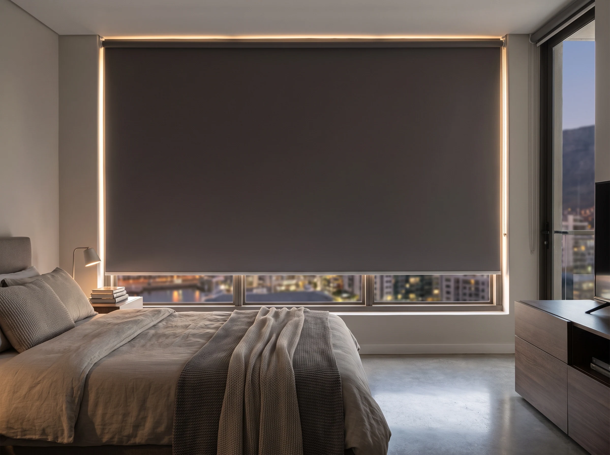 Dark blockout roller blind fully lowered across a bedroom window in a Century City apartment at dusk