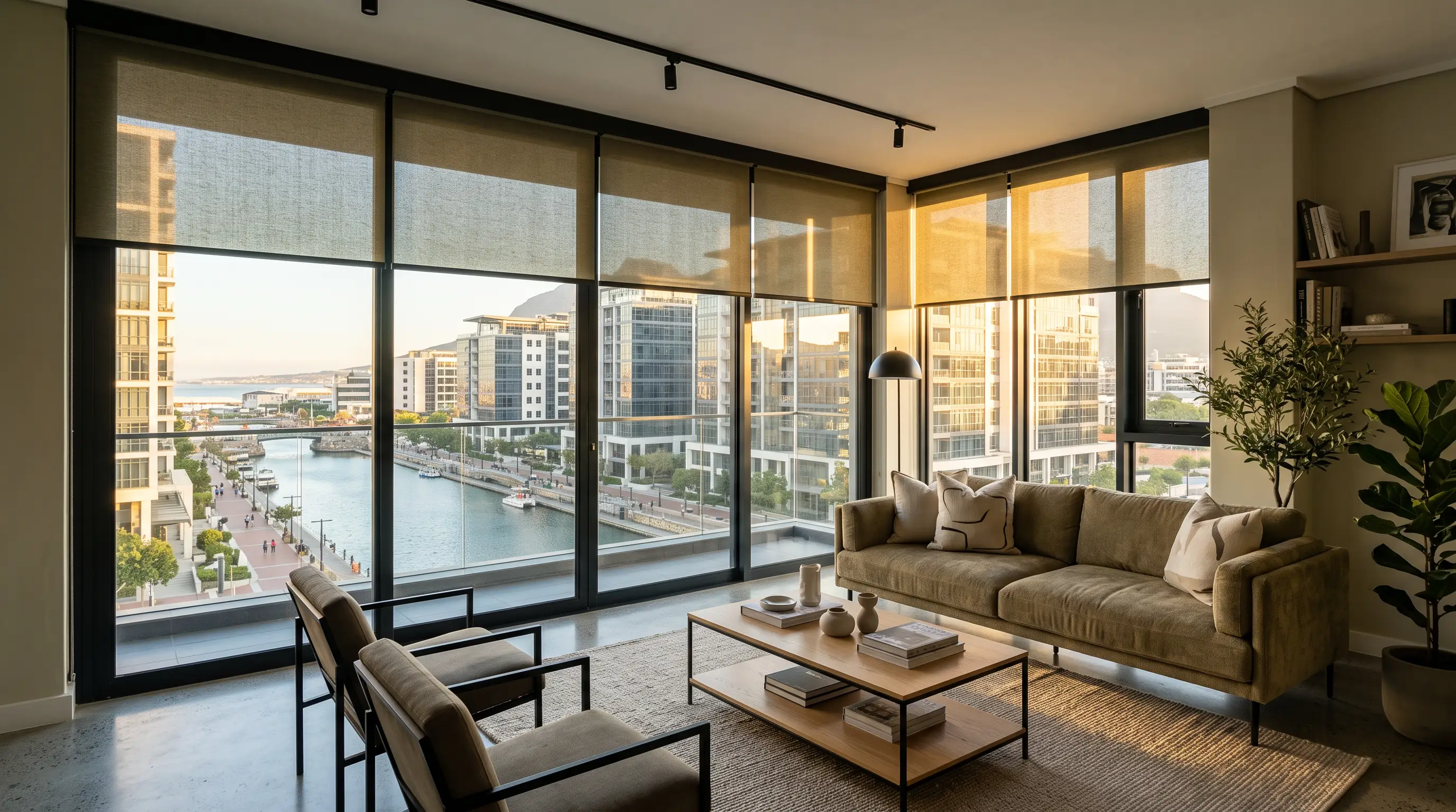 Khaki roller blinds lowered halfway across floor-to-ceiling windows in a Century City apartment lounge at golden hour, overlooking the canal and waterfront apartment blocks