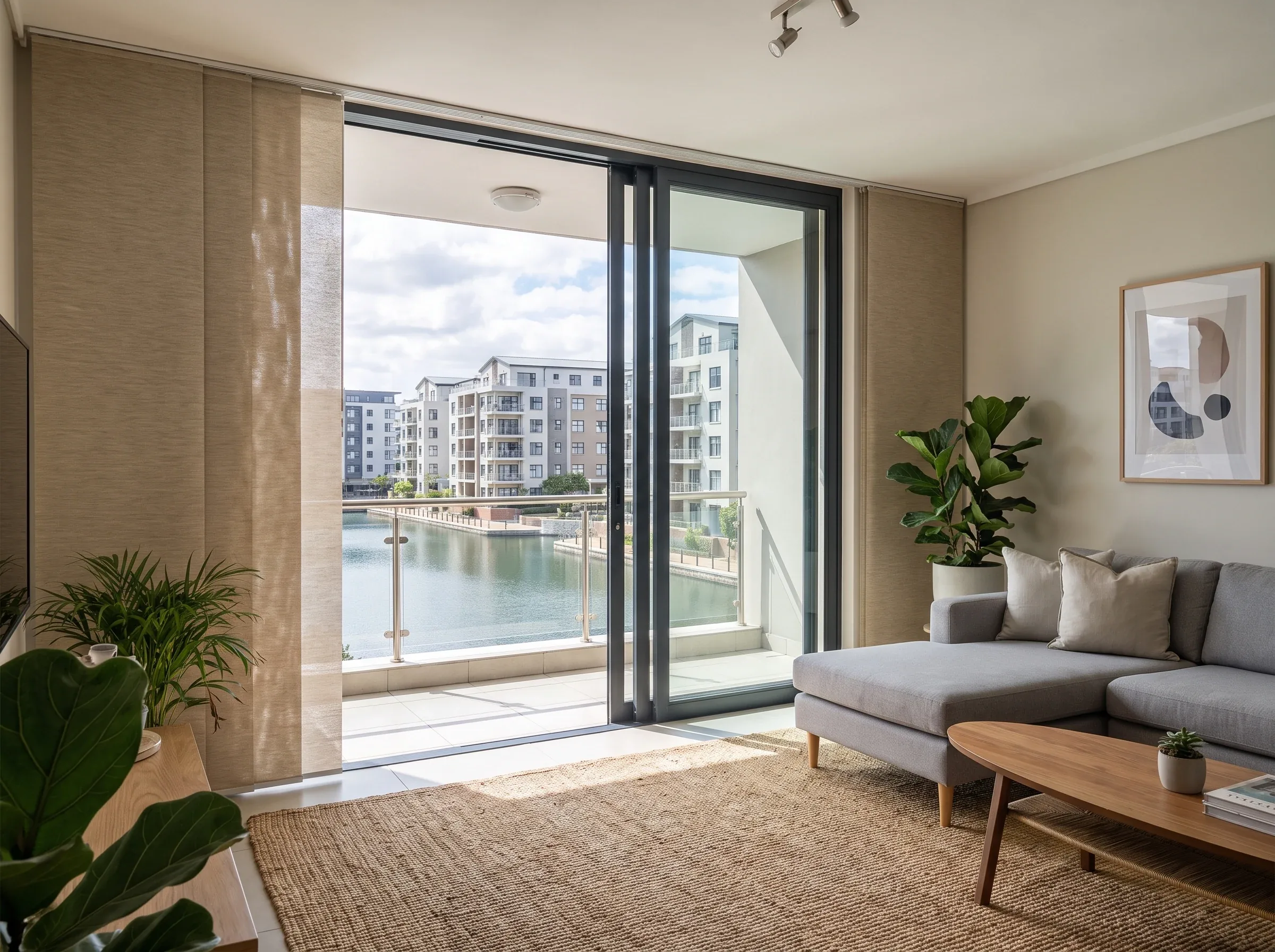 Wide vertical panel blind vanes beside a sliding glass balcony door in a Century City apartment living room