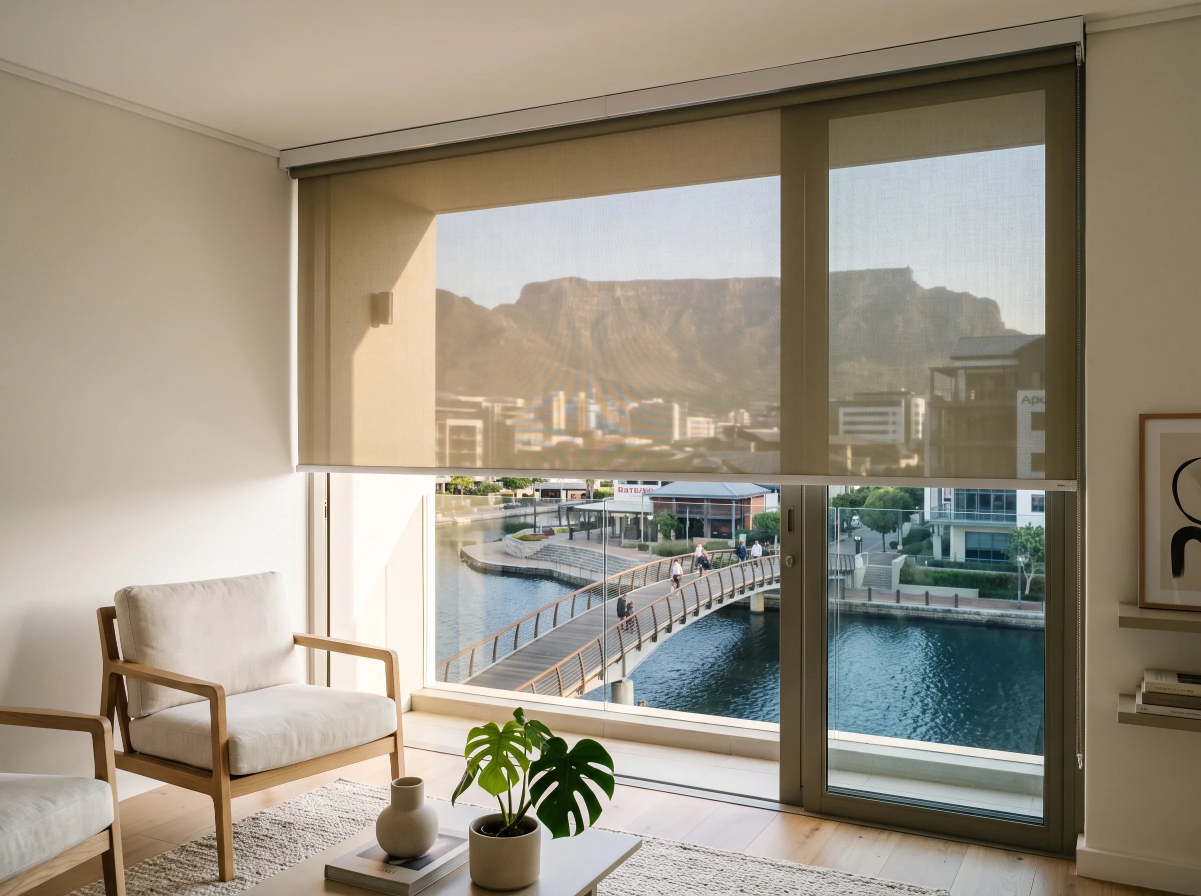 Khaki sunscreen roller blind lowered halfway across a canal-facing window in a Century City apartment lounge